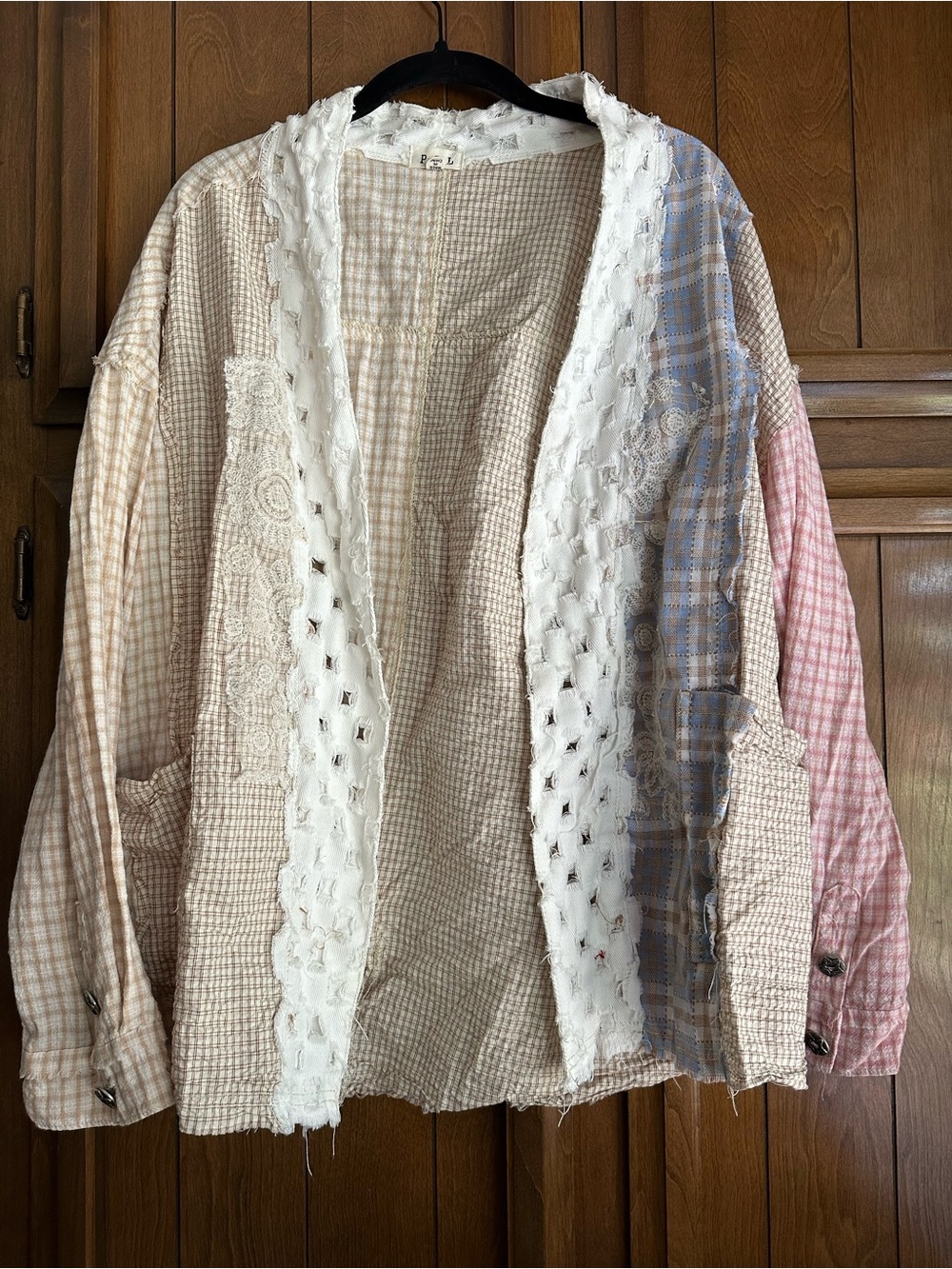 POL Patchwork Cotton Jean Jacket in Cream, Blue & Pink